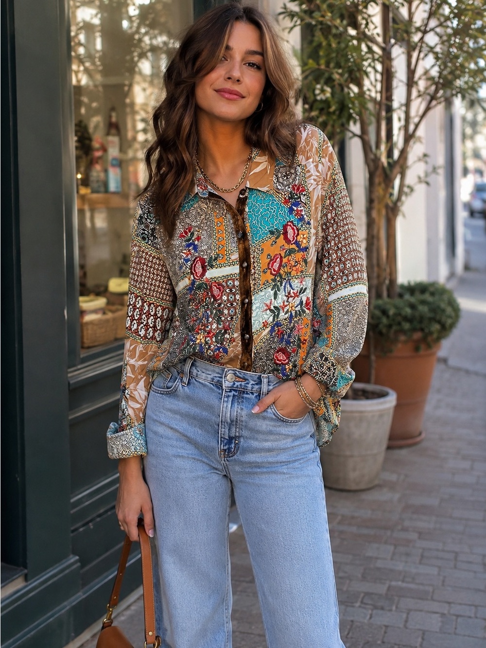 Aratta silent journey Patchwork Floral Button-Front Blouse in Multicolor